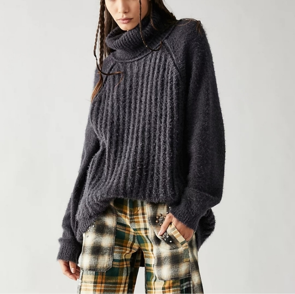 NWT Free People Black Sunflower Seed Combo Big City Turtleneck Sweater XS